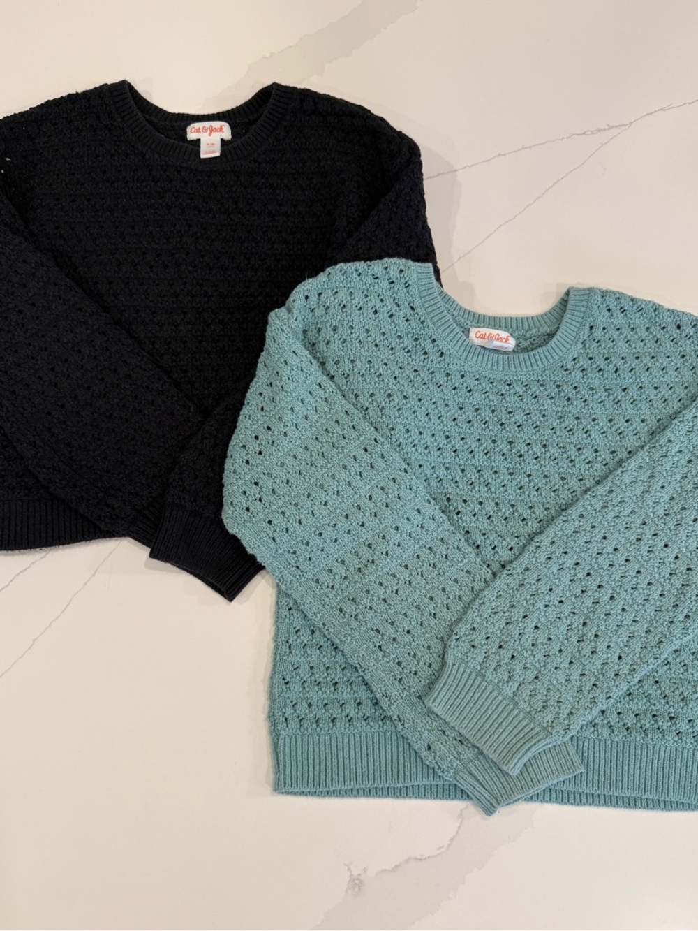 Cat & Jack Black and Teal Open-Knit Crewneck Sweaters